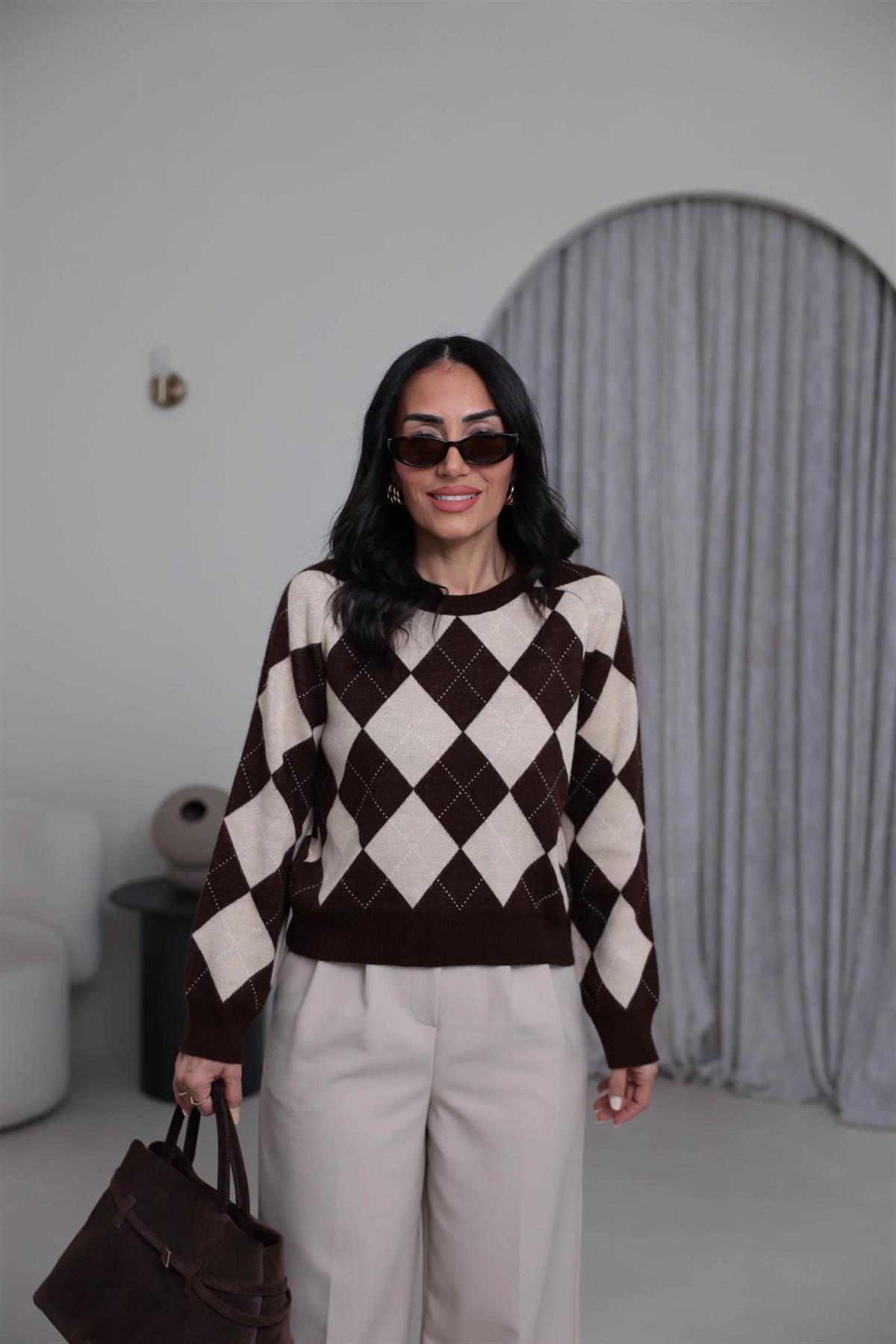 0112 Bisiklet Yaka Baklava Desen Kazak BEJ-KAHVE