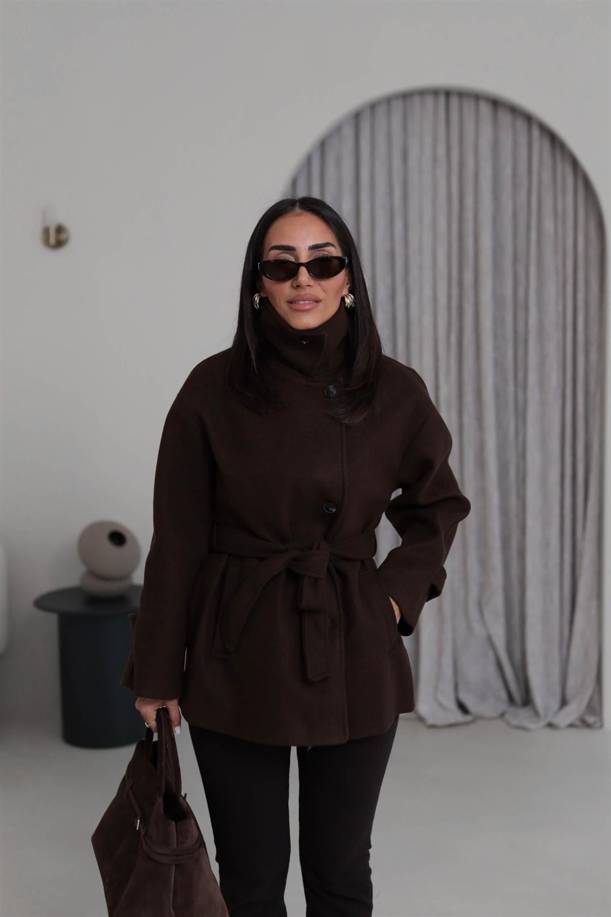 0646 Kuşaklı Yakalı Kaşe Kaban KAHVE