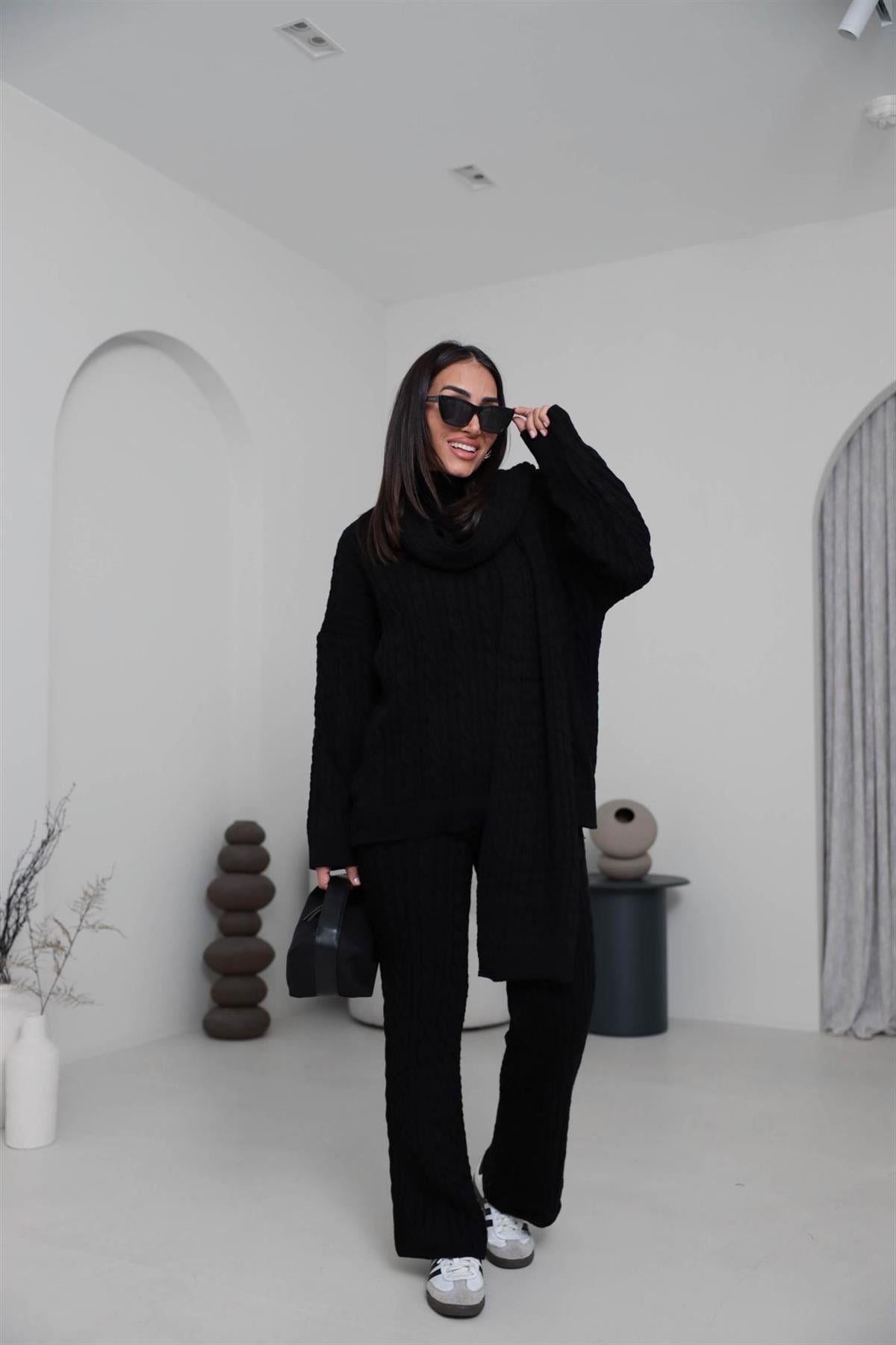 2464 Şal Detaylı Üçlü Triko Takım SİYAH