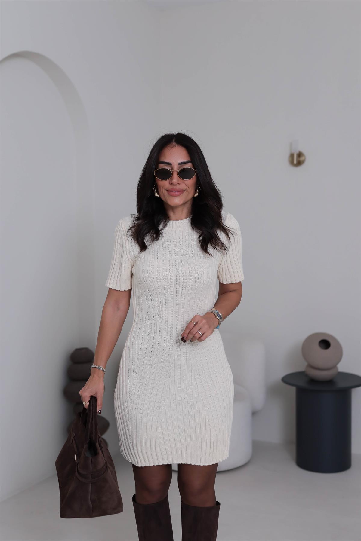 5264 Kısa Kol Triko Elbise KREM