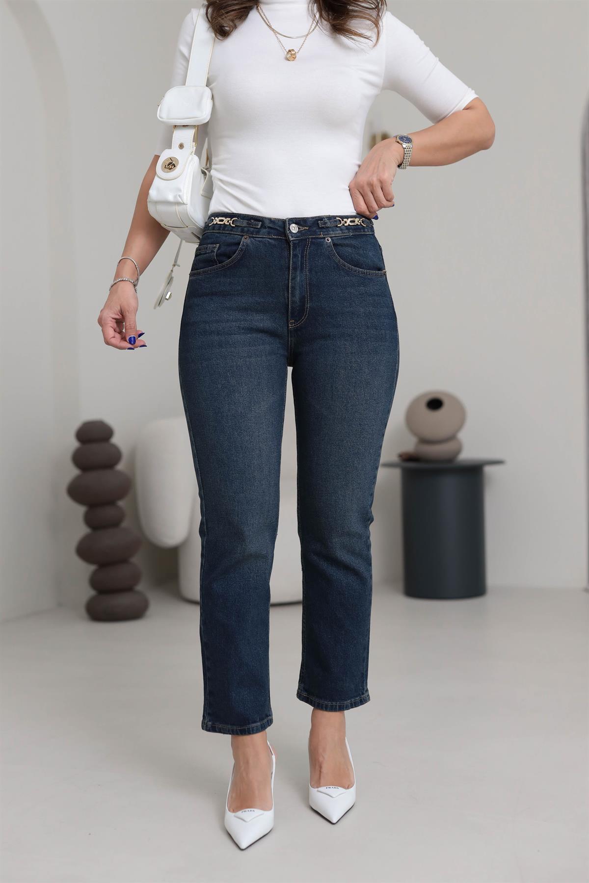 1752 Yüksek Bel Zincir Aksesuar detaylı Pantolon TİNTLİ MAVİ