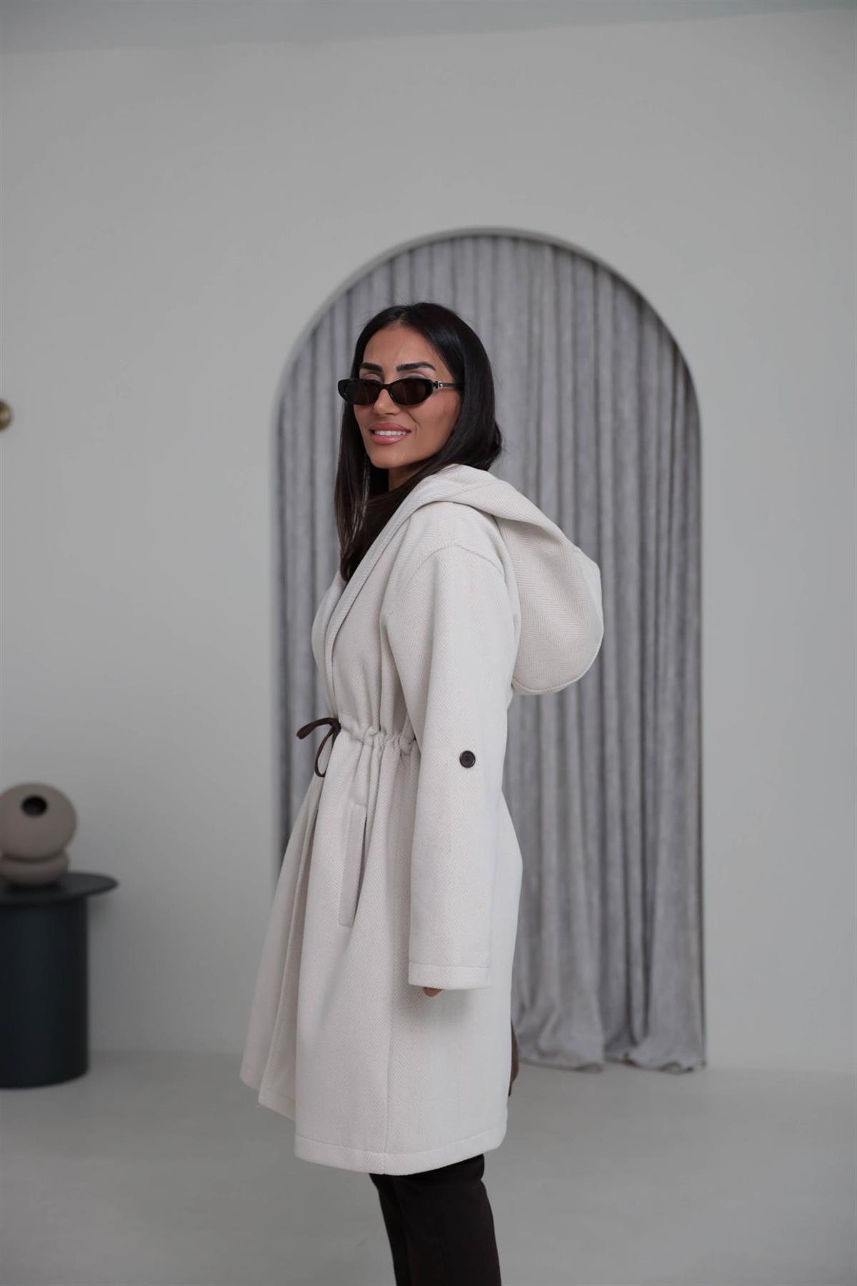 9852 Kapşonlu Balıksırtı Desen Kaban TAŞ