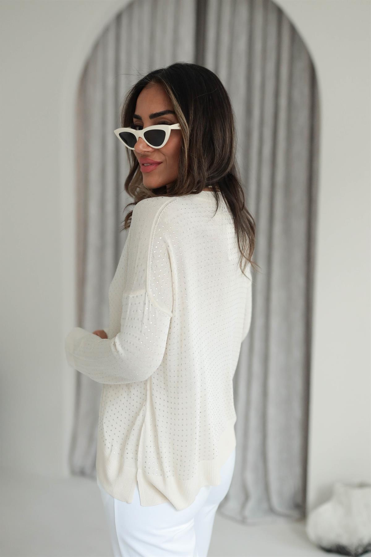 7010 Taşlı Merserize Triko Bluz BEJ