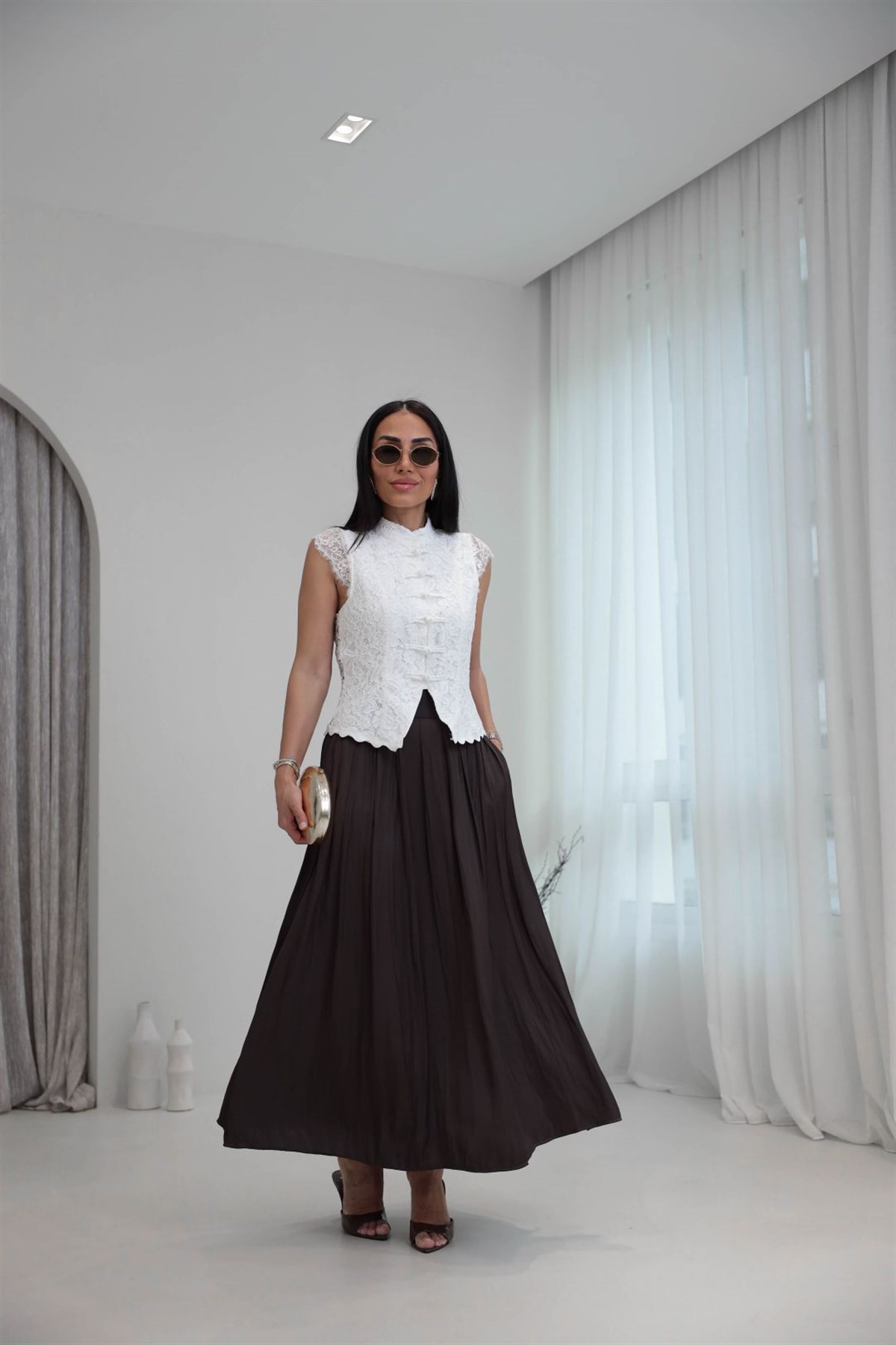 8120 Pileli Maxi Tok Saten Etek KAHVE