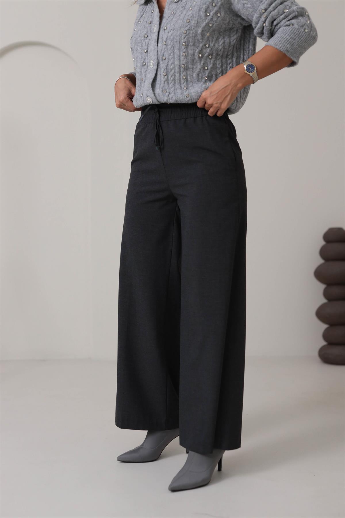 1556 Bel Bağcık ve Lastikli Bol Paça Pantolon ANTRASİT