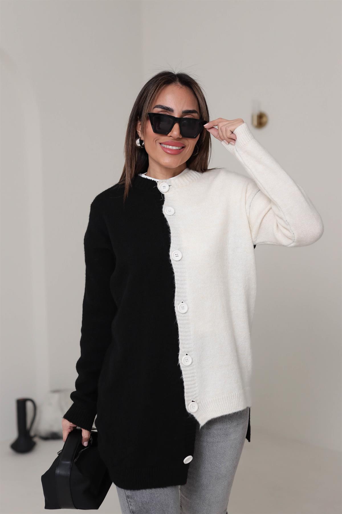 4071 İki Renk Detaylı Hırka SİYAH