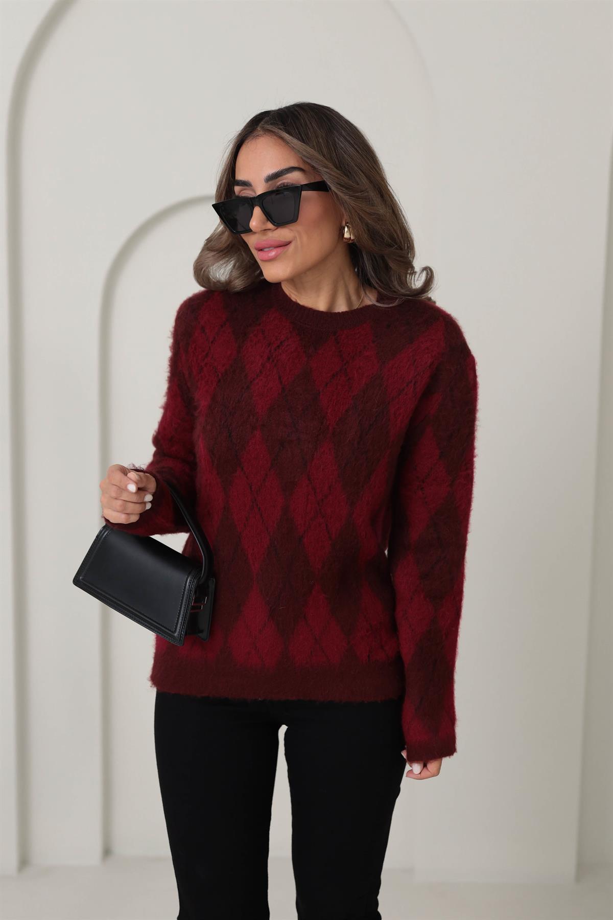 0118 Bisiklet Yaka Baklava Desenli Kazak