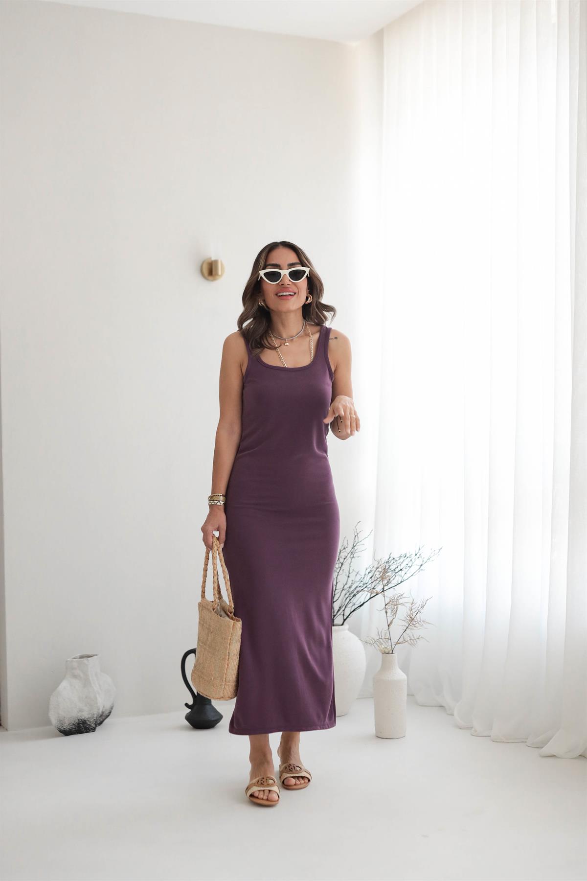 Kalın Askılı Yırtmaçlı Dokulu Modal Elbise MÜRDÜM