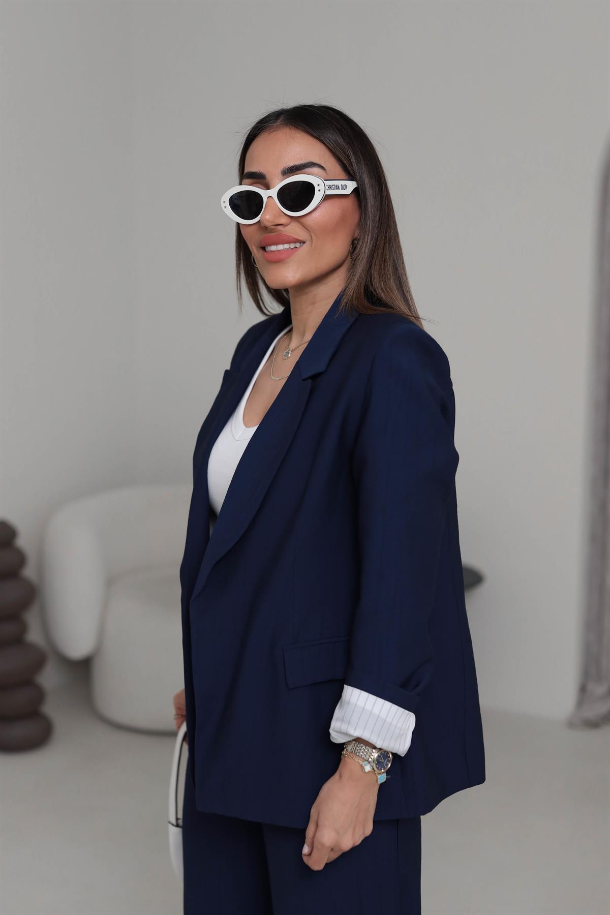 50178 Aeronbin Kol Katlamalı Çizgili Blazer Ceket LACİVERT