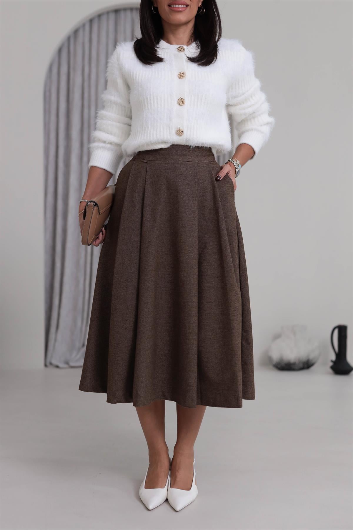 5152 Geniş Pileli Midi Etek KAHVE