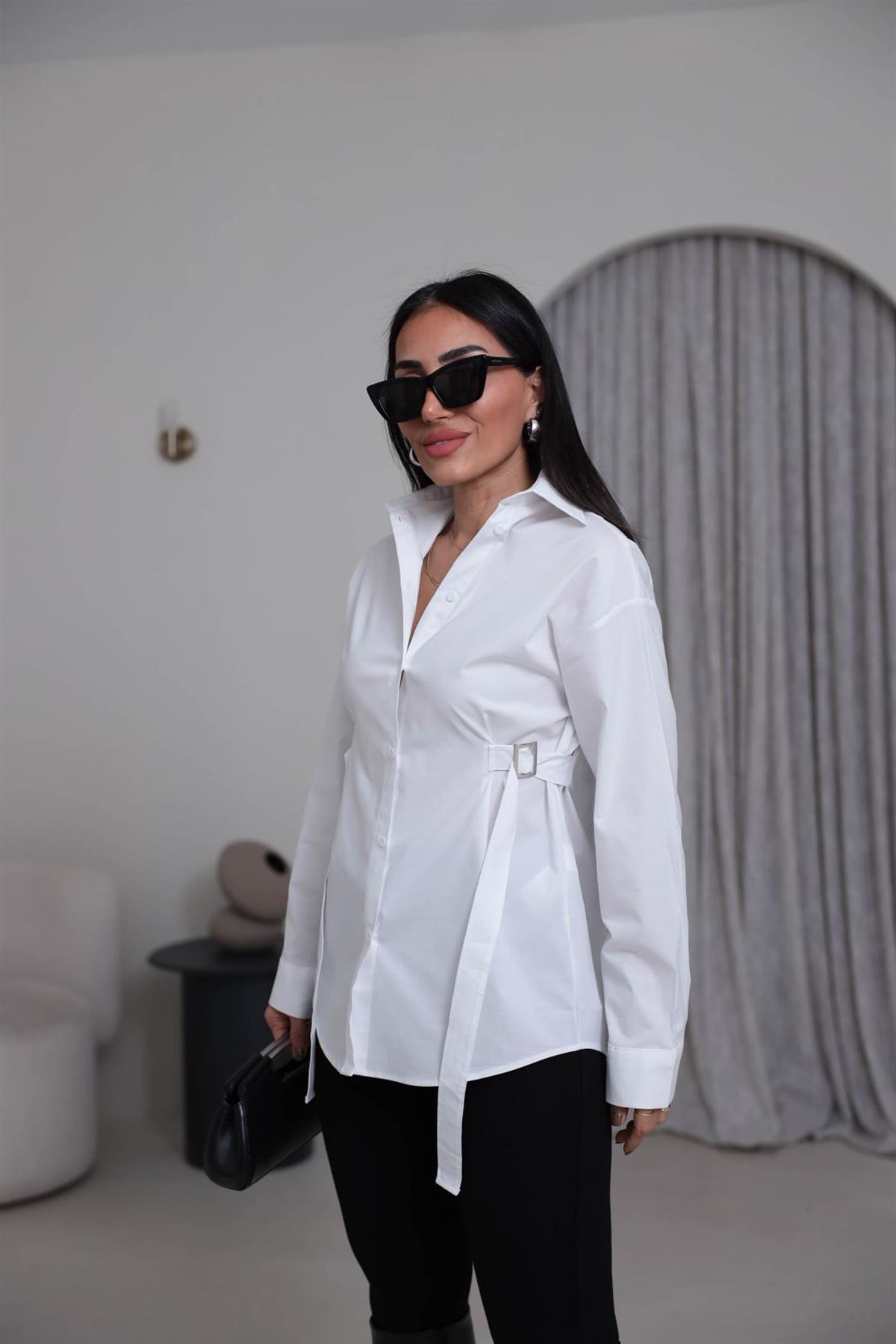 7176 Beli Kemer Detaylı Gömlek BEYAZ