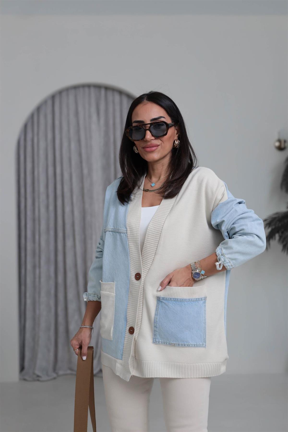 1085 Kot Garnili Cep Detaylı Hırka KREM