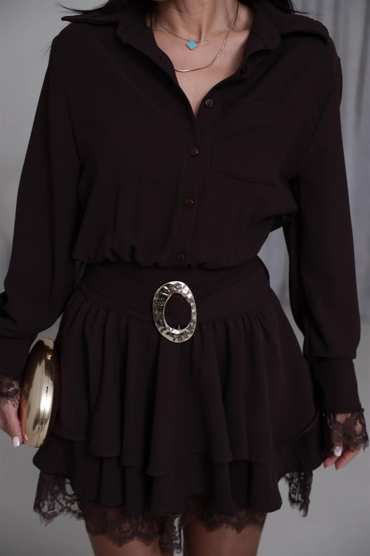 3858 Gömlek Yaka Dantel Detay Kemerli Elbise KAHVE