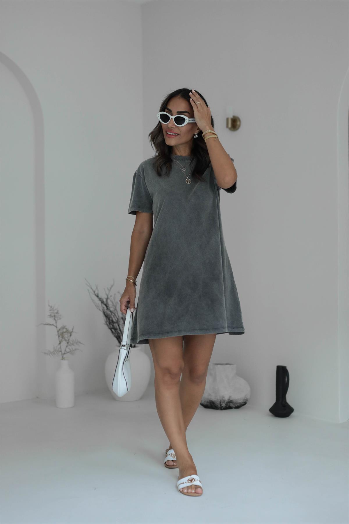 4473 Yıkamalı Pamuklu Tshirt Elbise