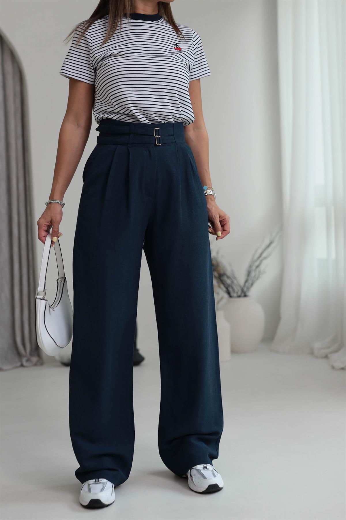 0236 Kemer Aksesuarlı Premium Keten Pantolon LACİVERT