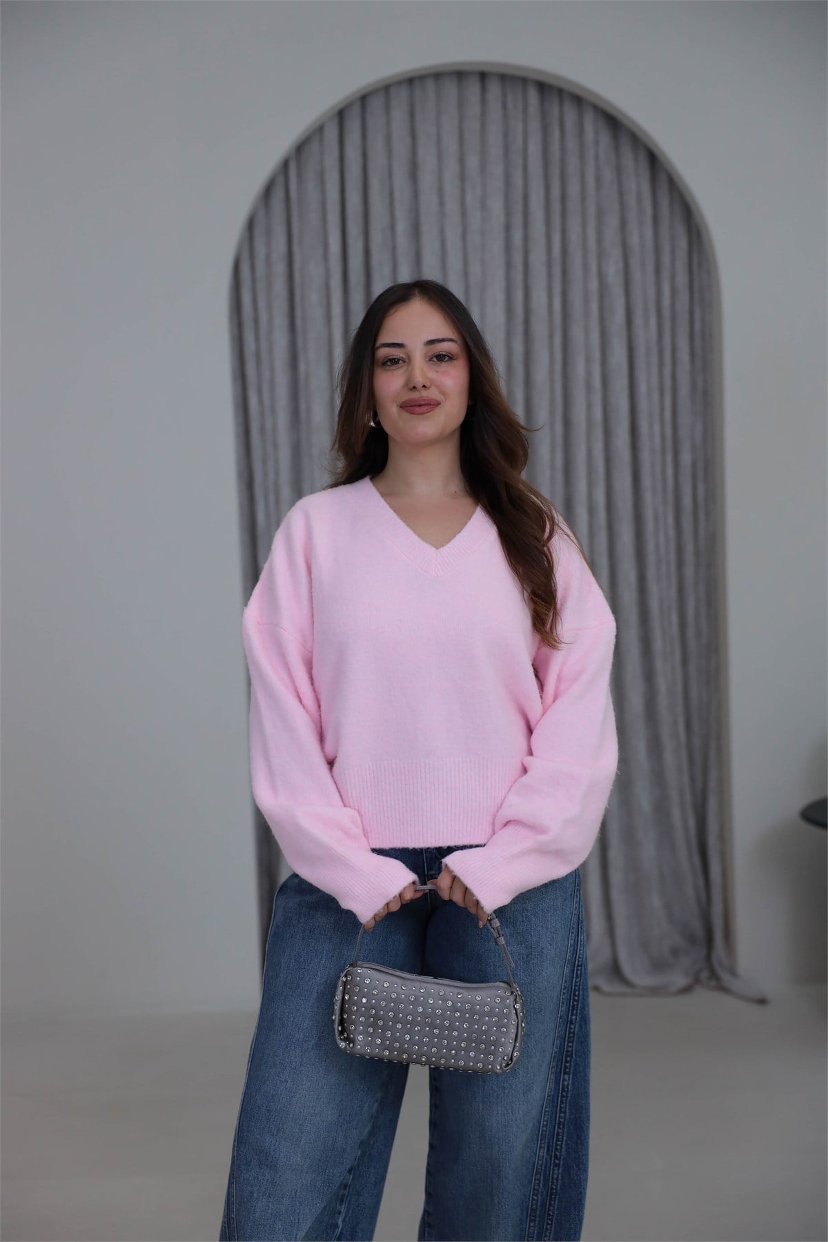 2733 V Yaka Yün Karışımlı Kazak ŞEKER PEMBE