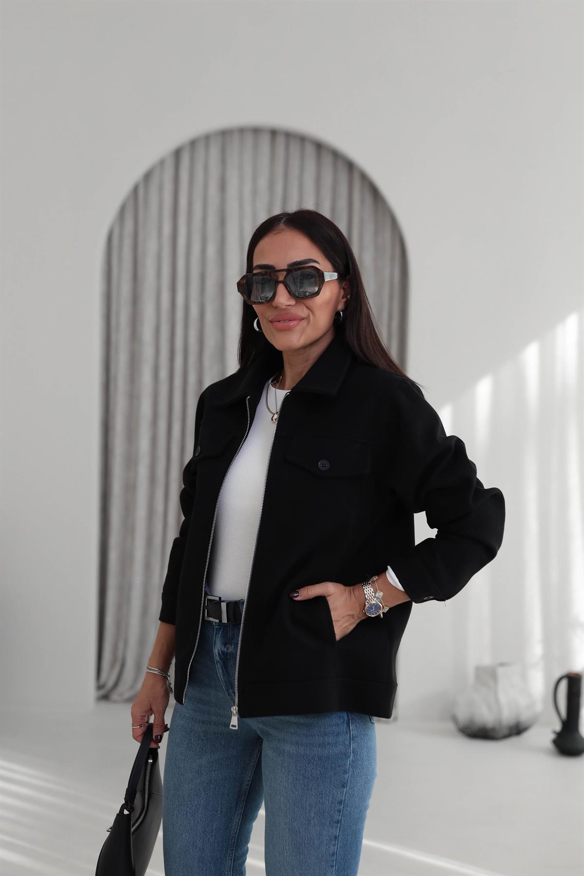 2806 Gömlek Yaka Detay Kaşe Ceket SİYAH