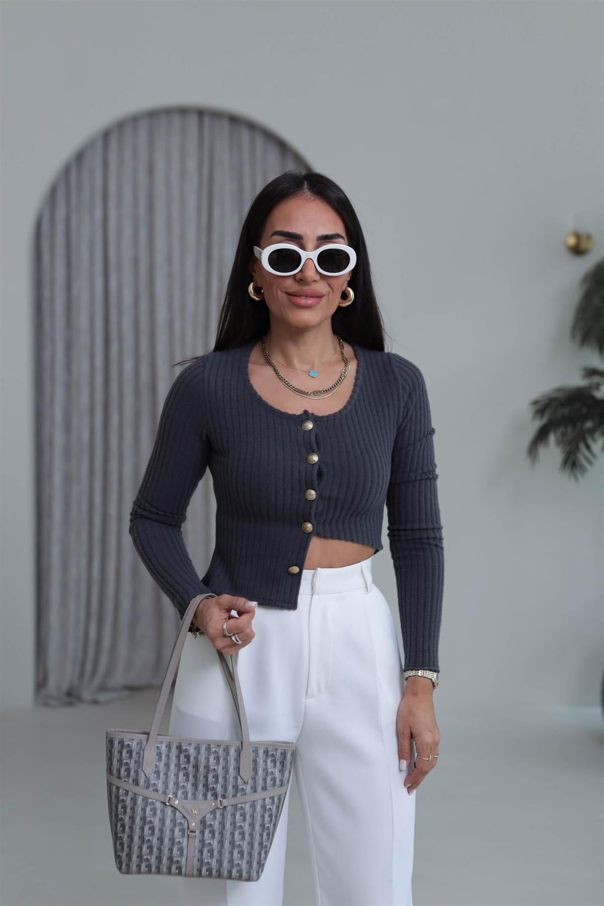 2074 Fitilli Triko Gold Düğmeli Hırka ANTRASİT