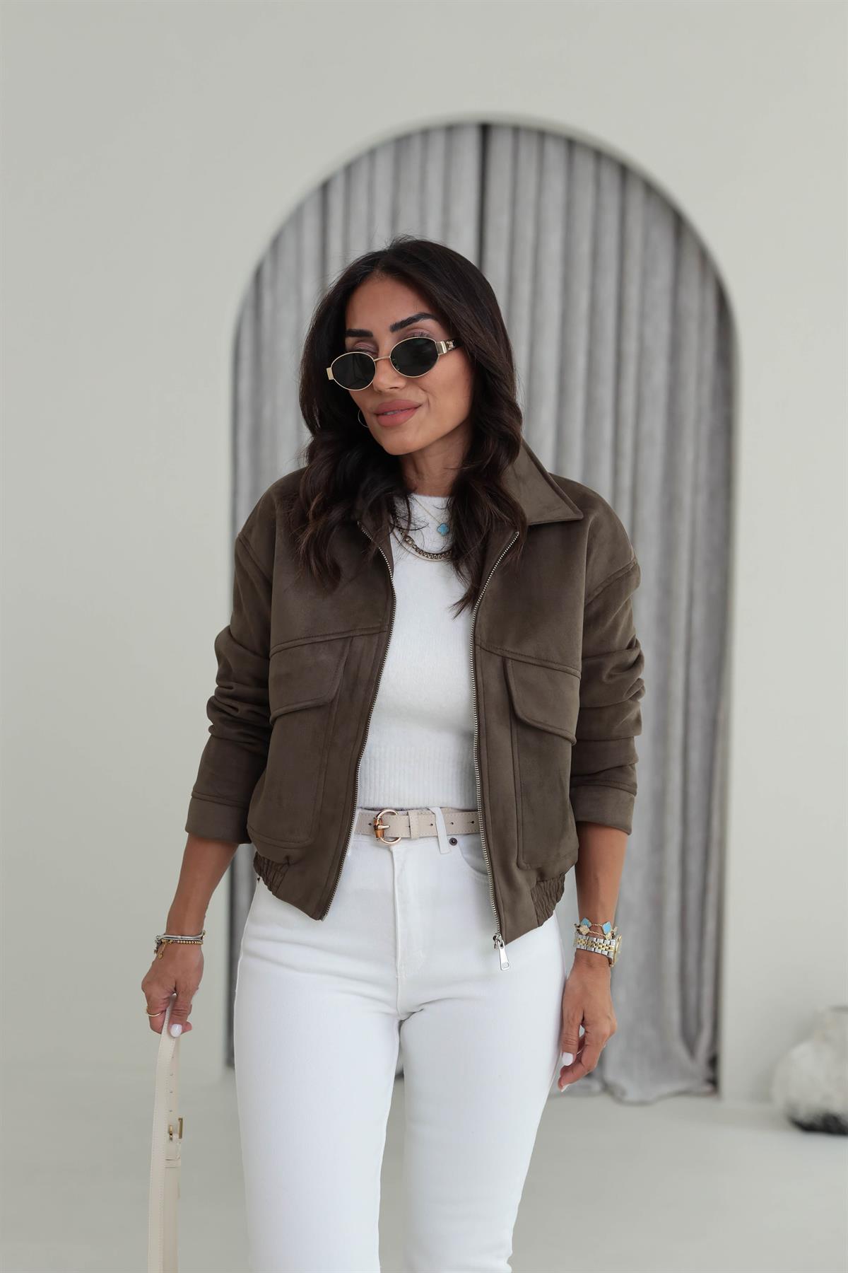 9730 Cep Detaylı Bel Lastikli Süet Bomber HAKİ YEŞİL