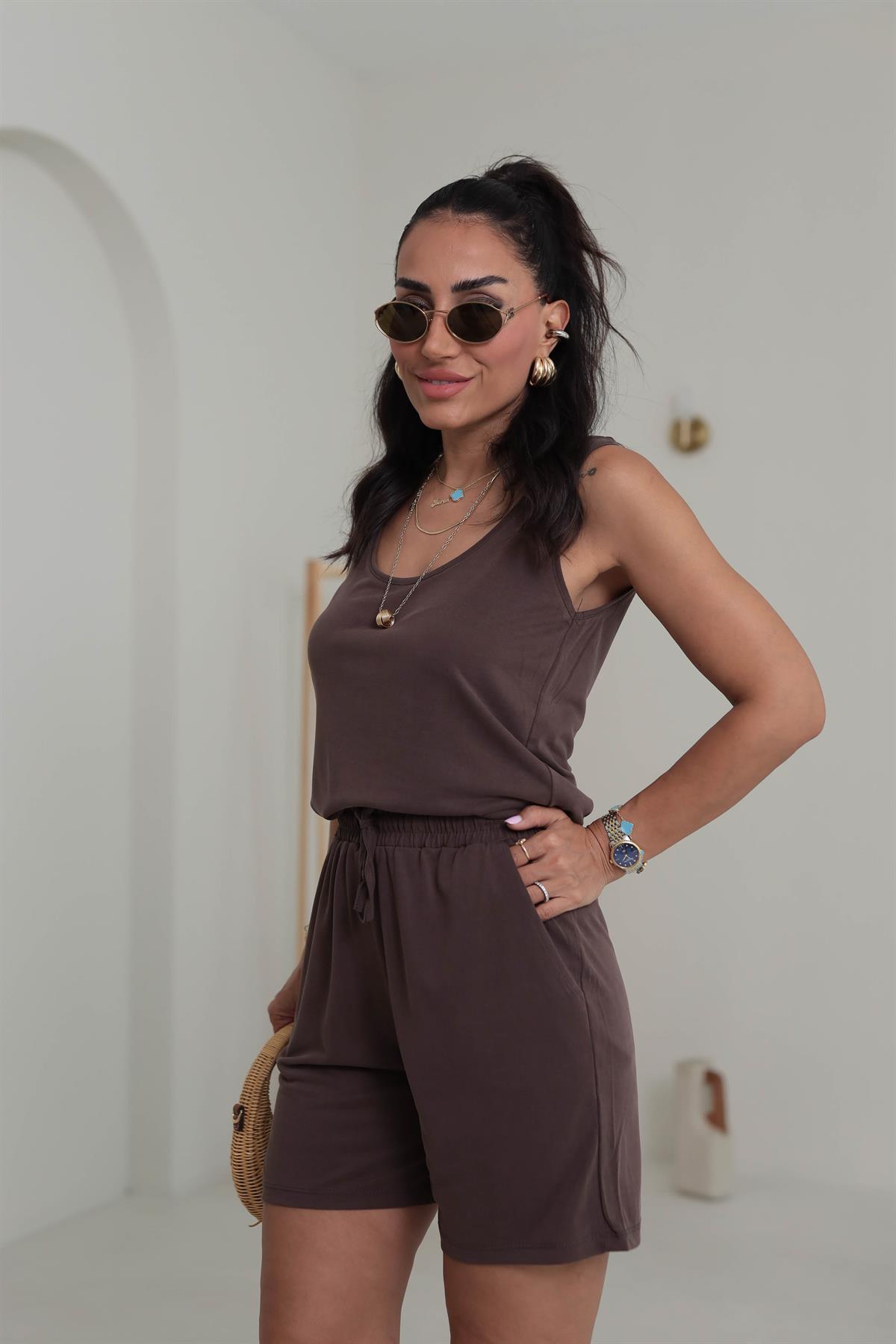 Kalın Askılı Şortlu Modal Takım KAHVE