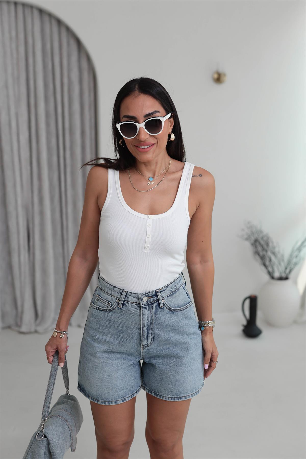 6427 Yarım Düğmeli Pamuklu Atlet EKRU