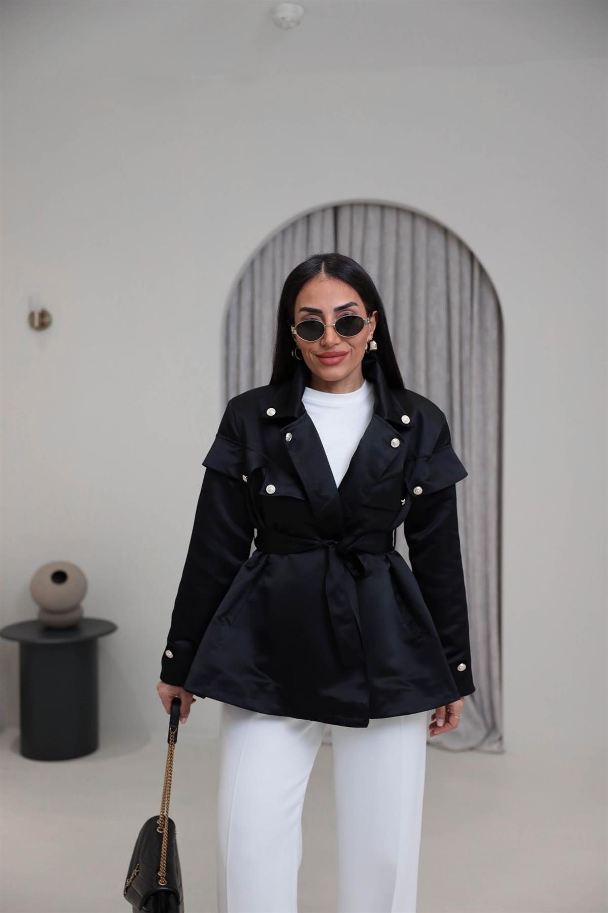 302 Gold Düğmeli Kuşaklı Saten Ceket SİYAH