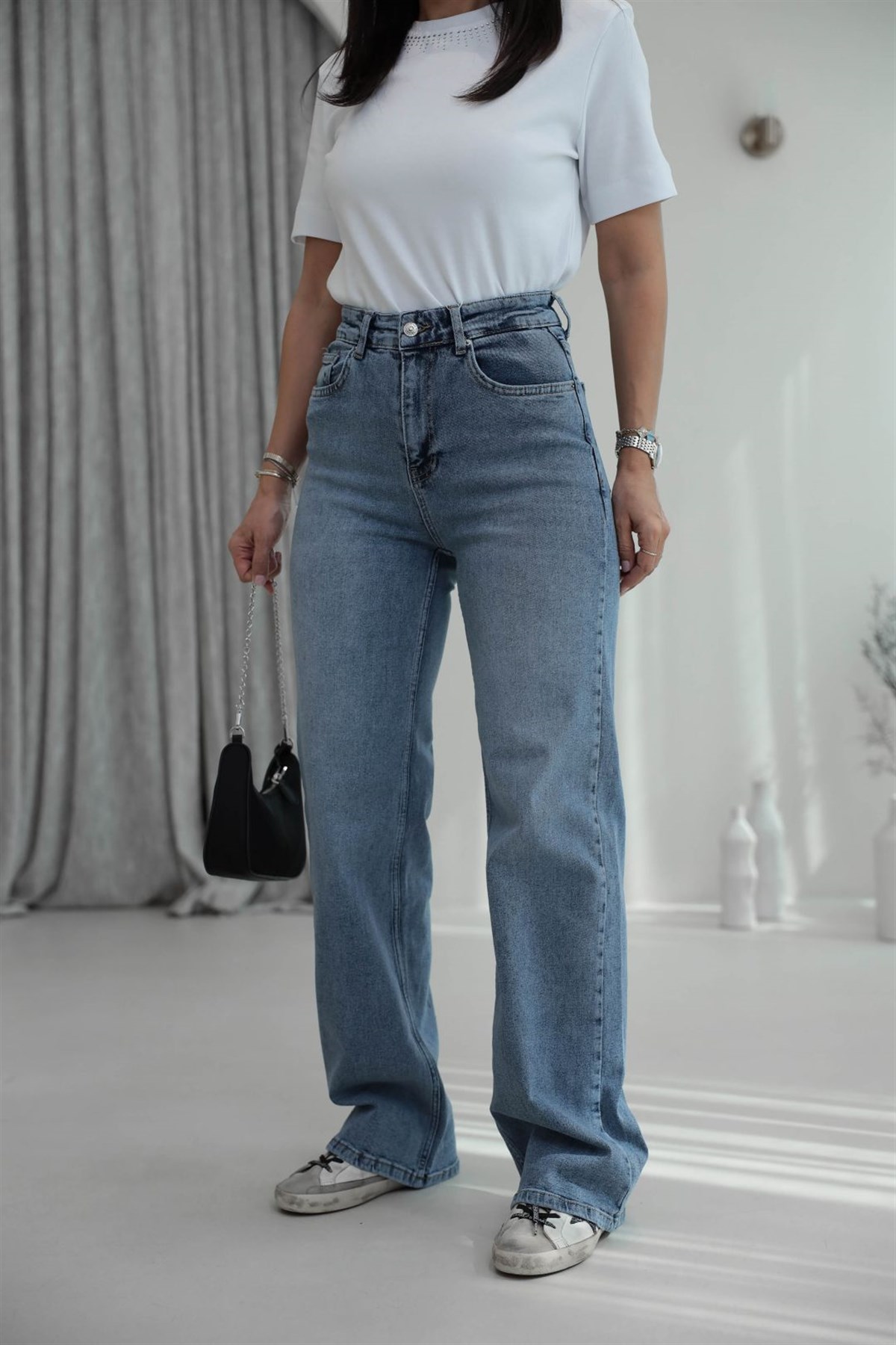 1071 Yüksek Bel Dökümlü Palazzo Jean TİNTLİ MAVİ