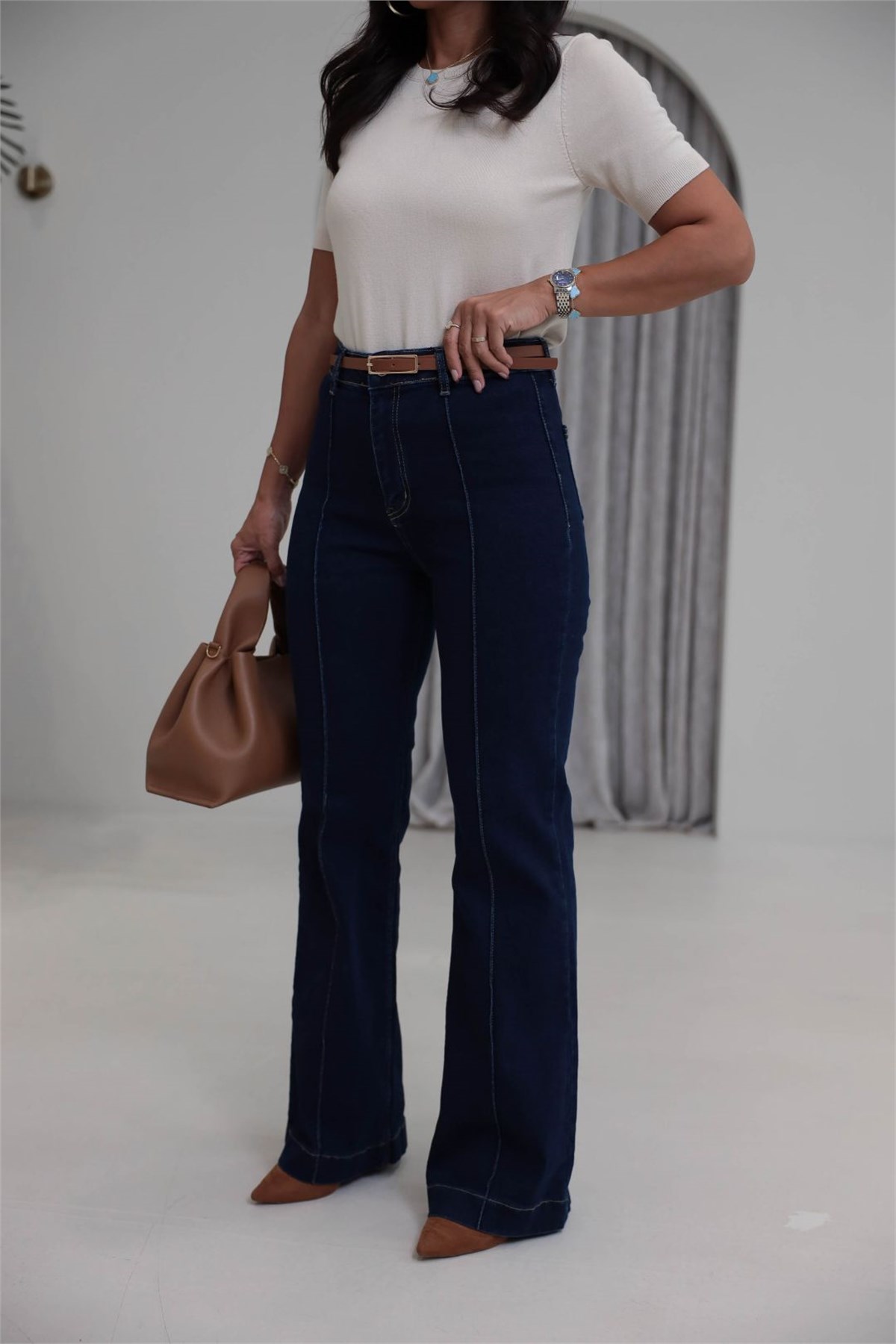 2628 Kemerli Önü Çimalı Denim Pantolon KOYU MAVİ