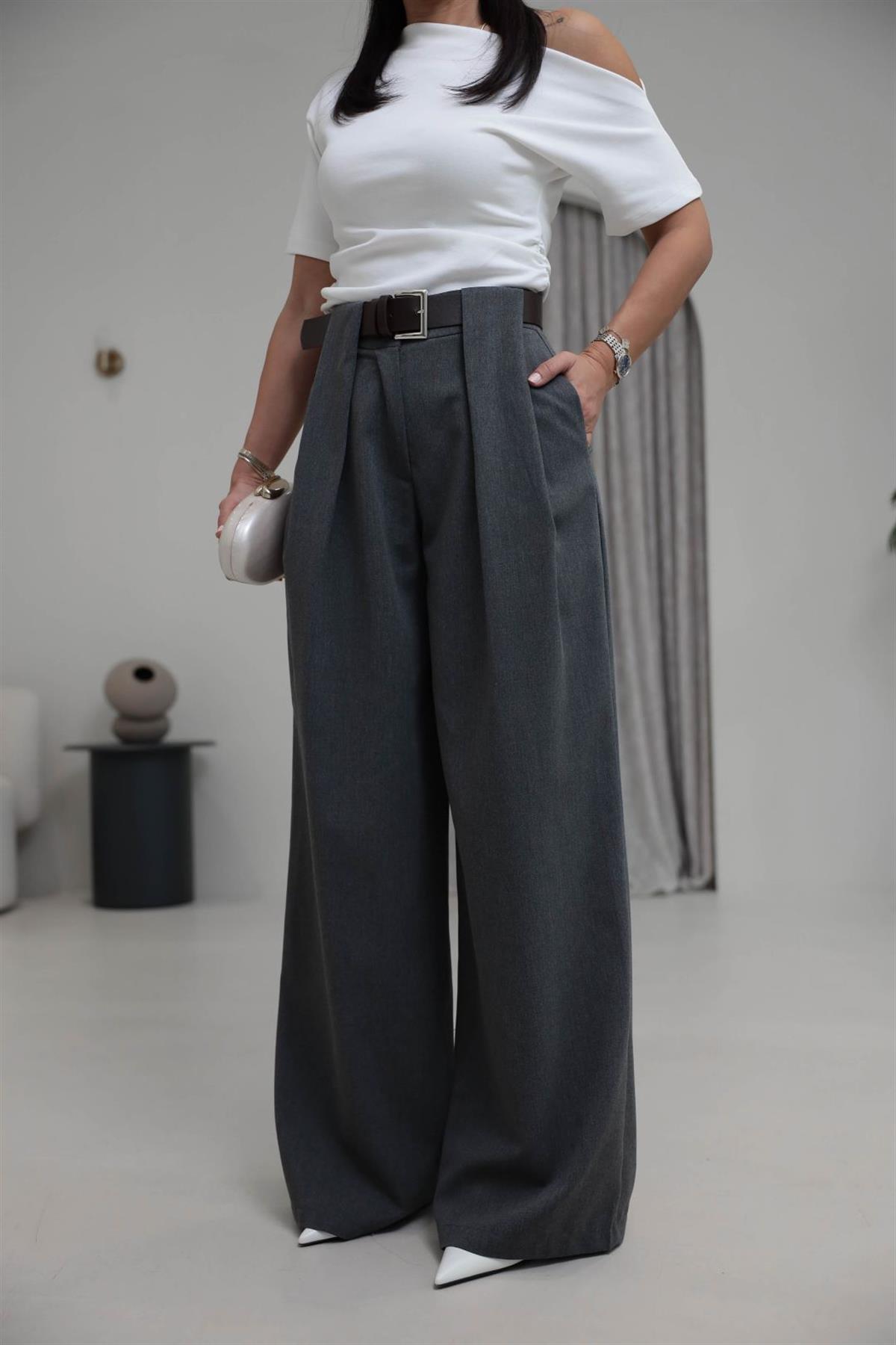 8465 Kemerli Pile Detaylı Kumaş Pantolon KOYU GRİ