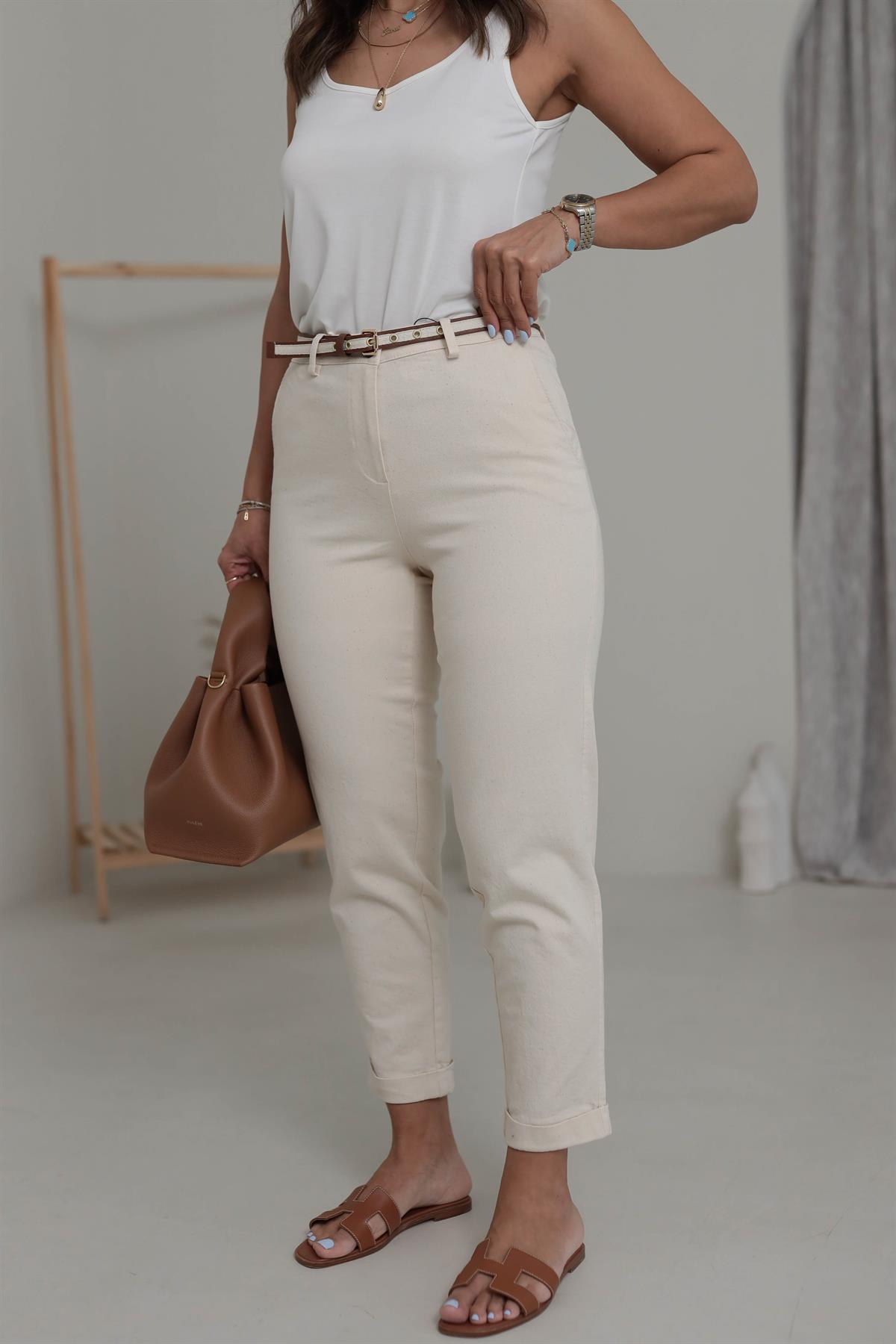 1651 Kemerli Pamuklu Likralı Chino Pantolon TAŞ