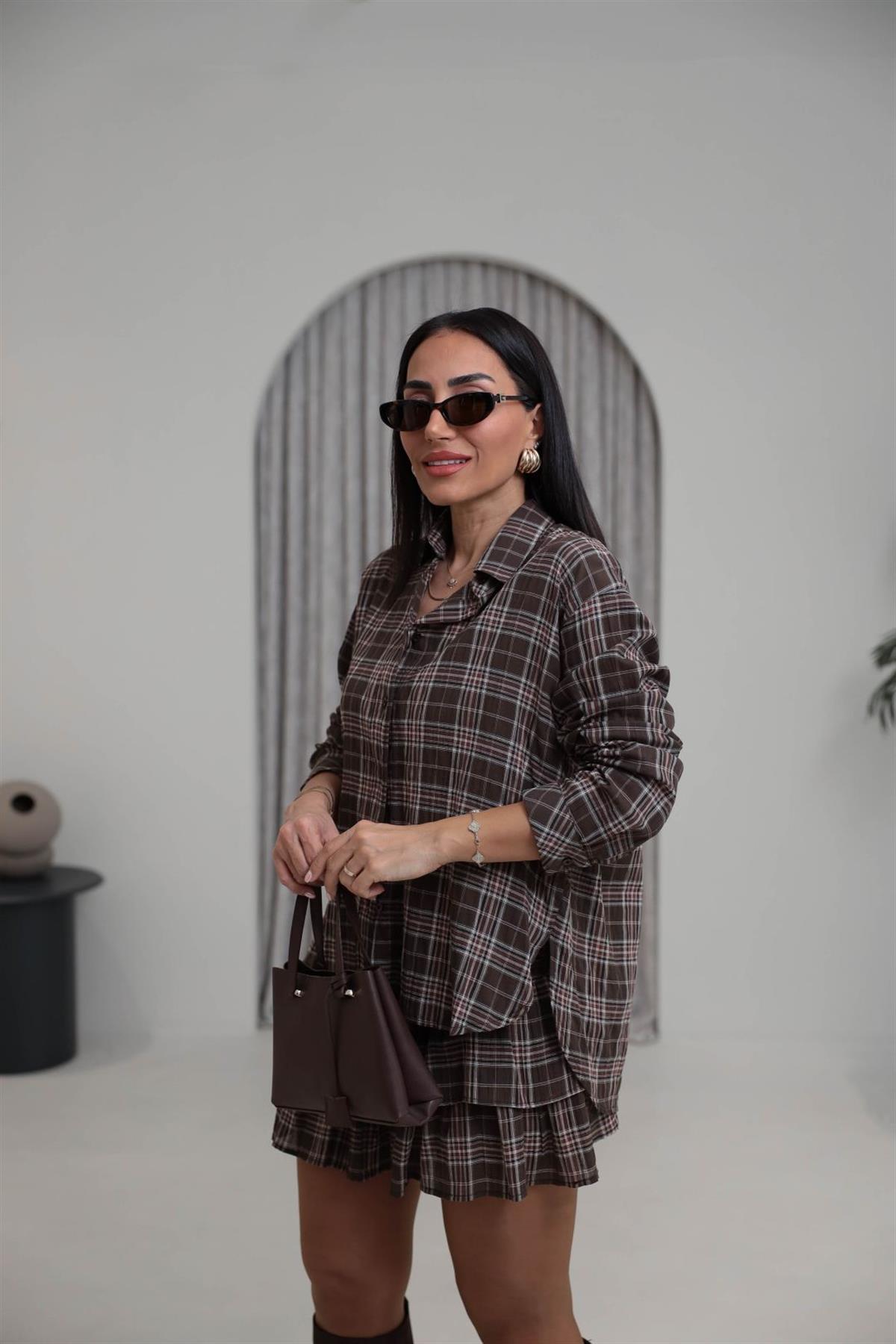 3218 Ekose Desenli Gömlekli Etek Takım KAHVE