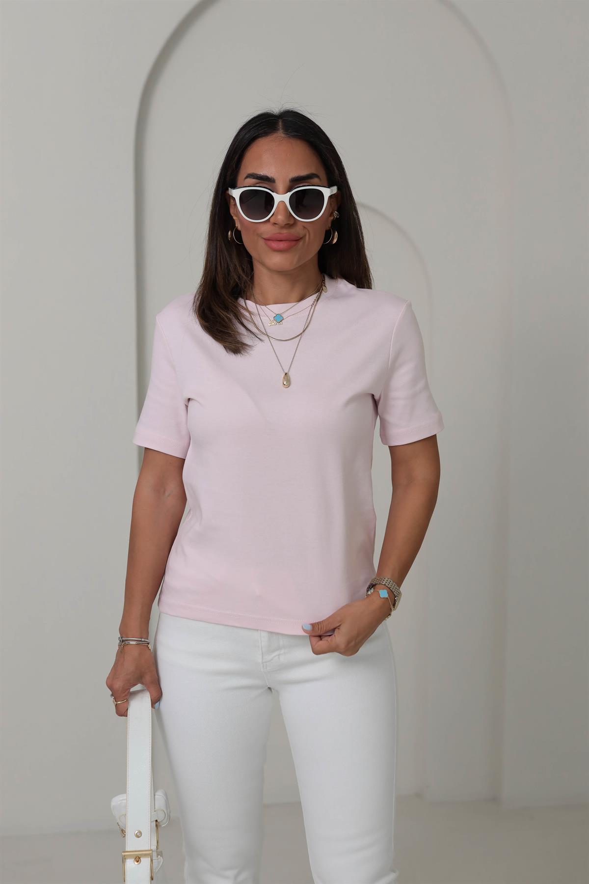 1075 Bisiklet Yaka Pamuklu Basic Tshirt PUDRA