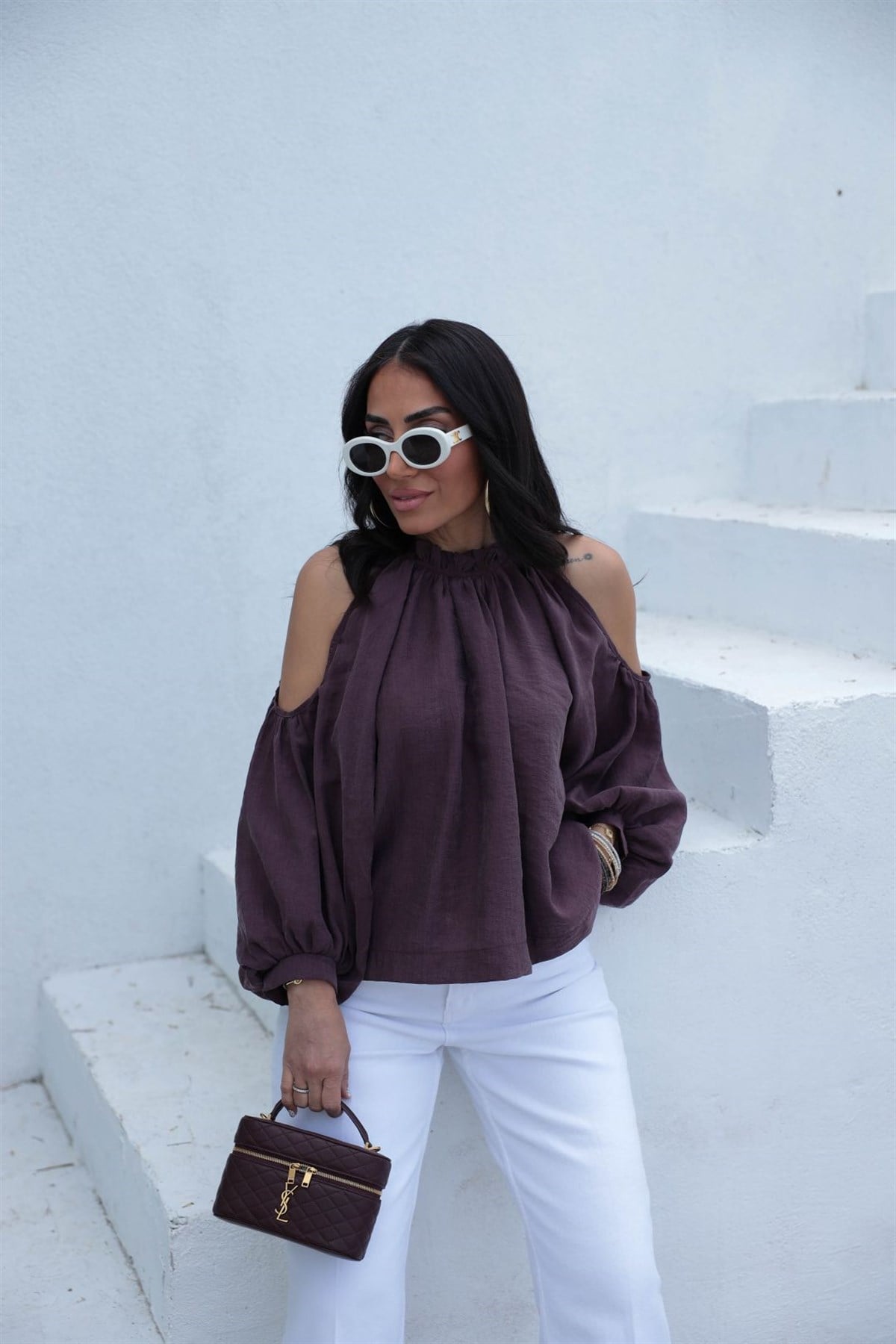 3264 Büzgülü Kol Dekolteli Bluz MÜRDÜM