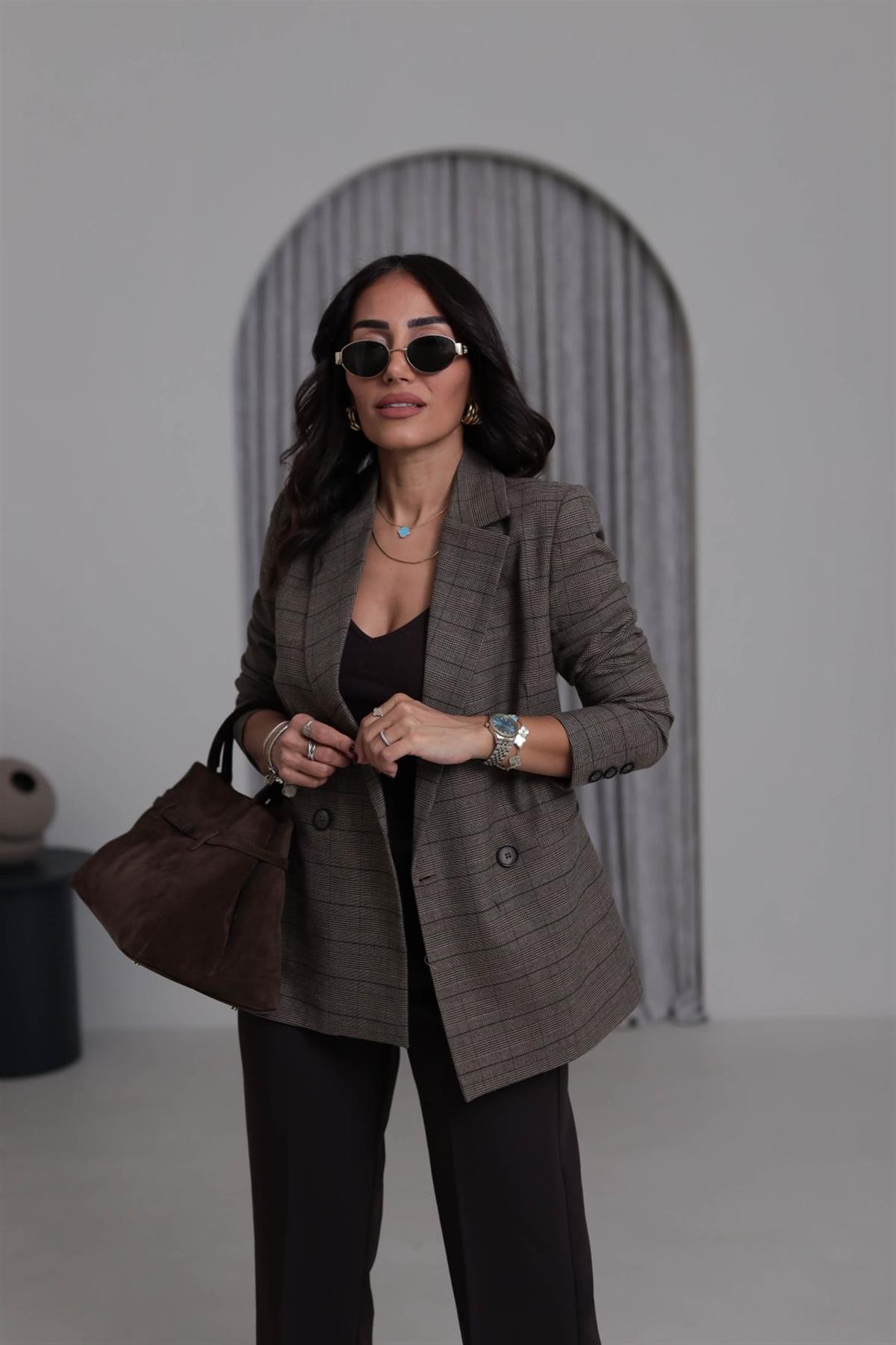 5174-K Düğme Detaylı Desenli Ceket VİZON