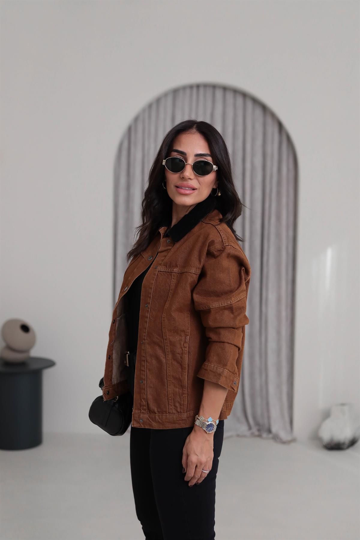 5561 Siyah Kadife Yaka Kot Ceket TABA