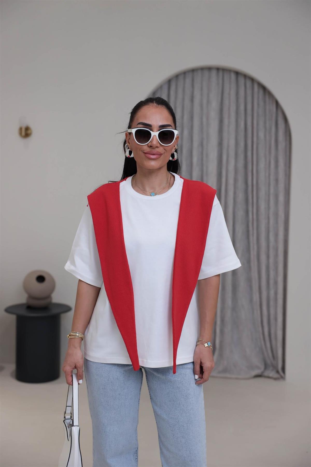 0688 Şal Detaylı Pamuklu Tshirt KIRMIZI