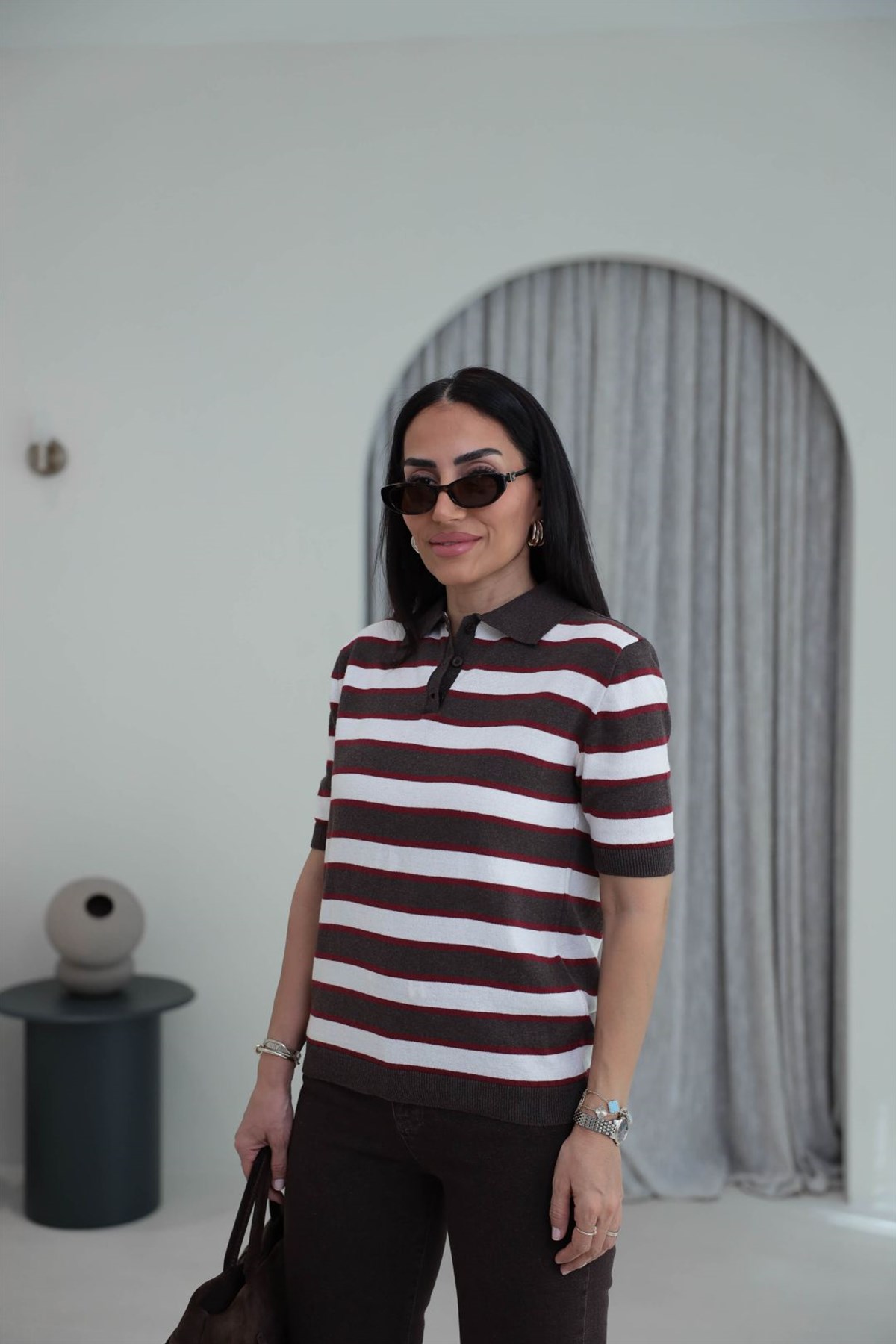 Polo Yaka Çizgili Massi Triko Bluz KAHVE