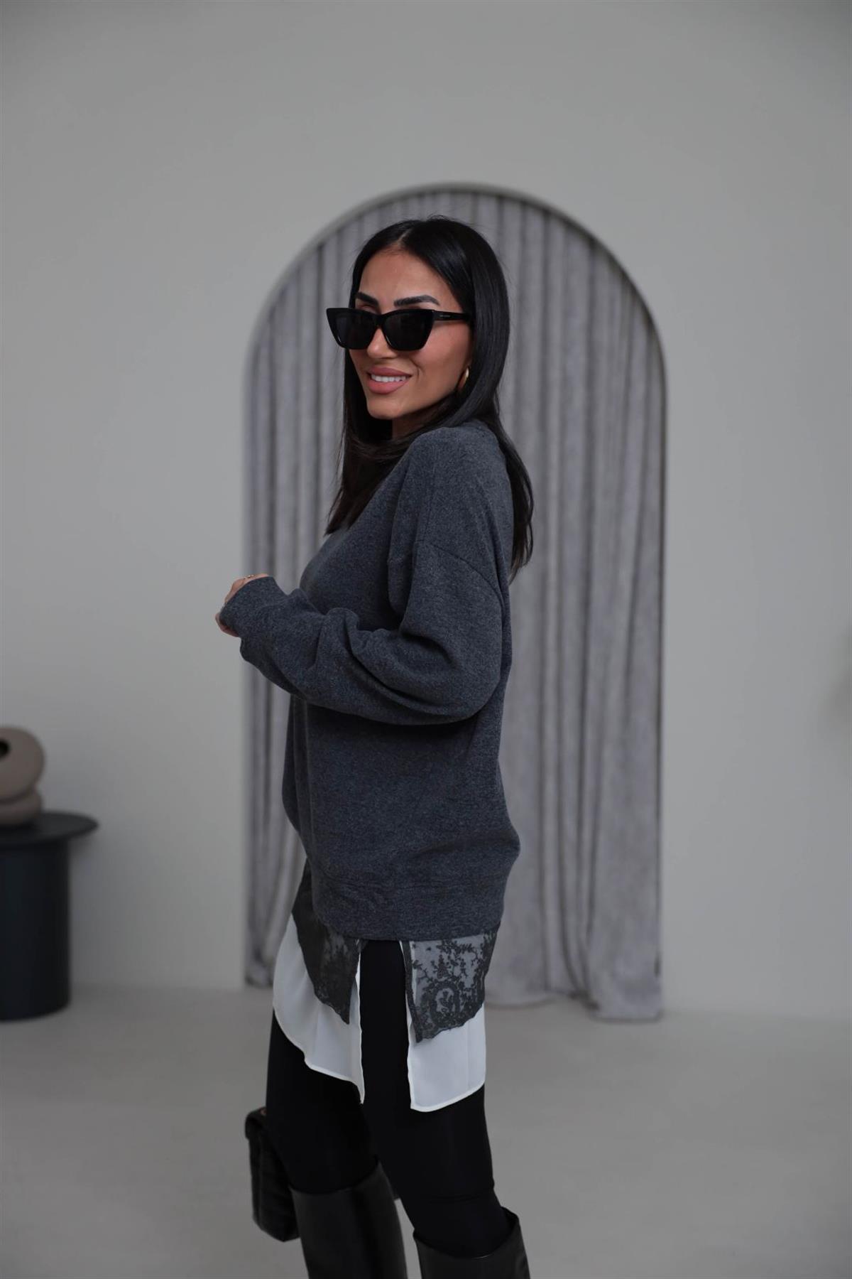 7273 Eteği Dantel Tunik Triko Bluz ANTRASİT