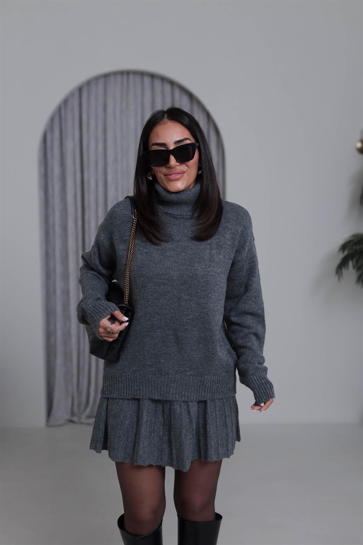 5139K Balıkçı Yaka Etekli Triko Takım KOYU GRİ