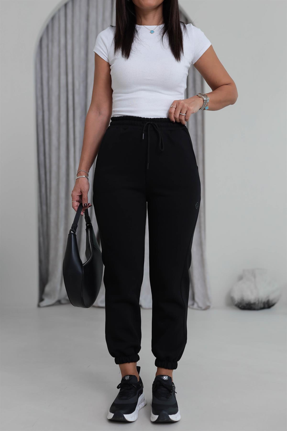 7314 Ribanalı Bel Lastikli 3 iplik Şardonlu Eşofman Altı SİYAH