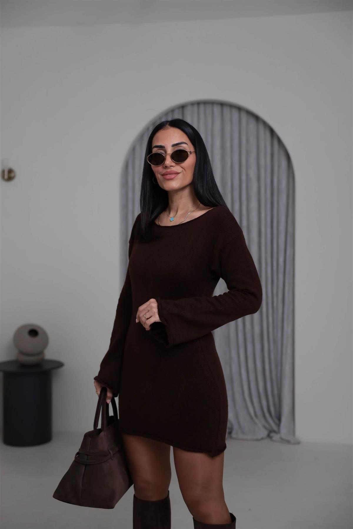 5251 Kayık Yaka Şallı Tunik KAHVE