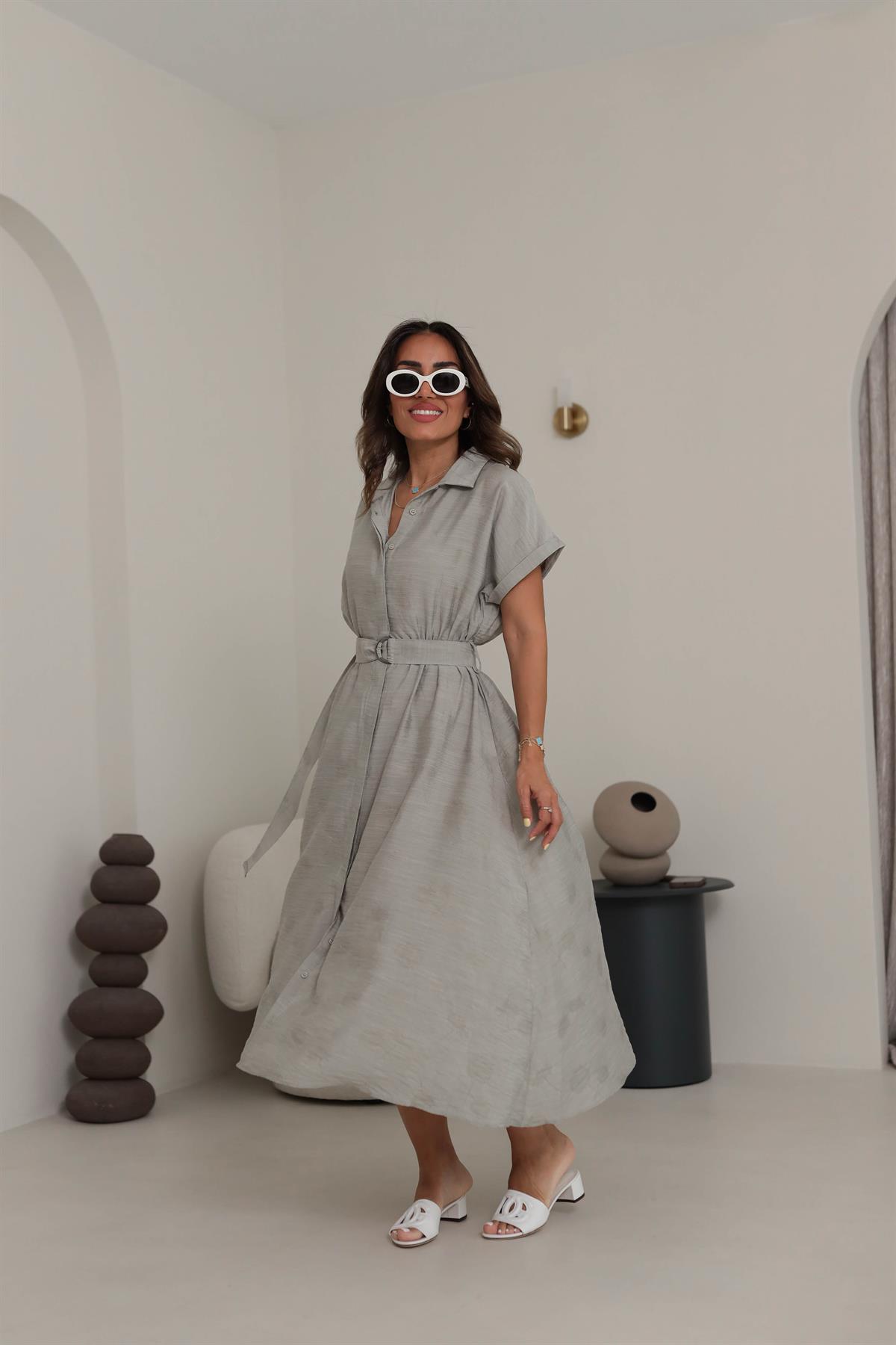 5214 Kendinden Desenli Kuşaklı Uzun Gömlek Elbise AÇIK YEŞİL