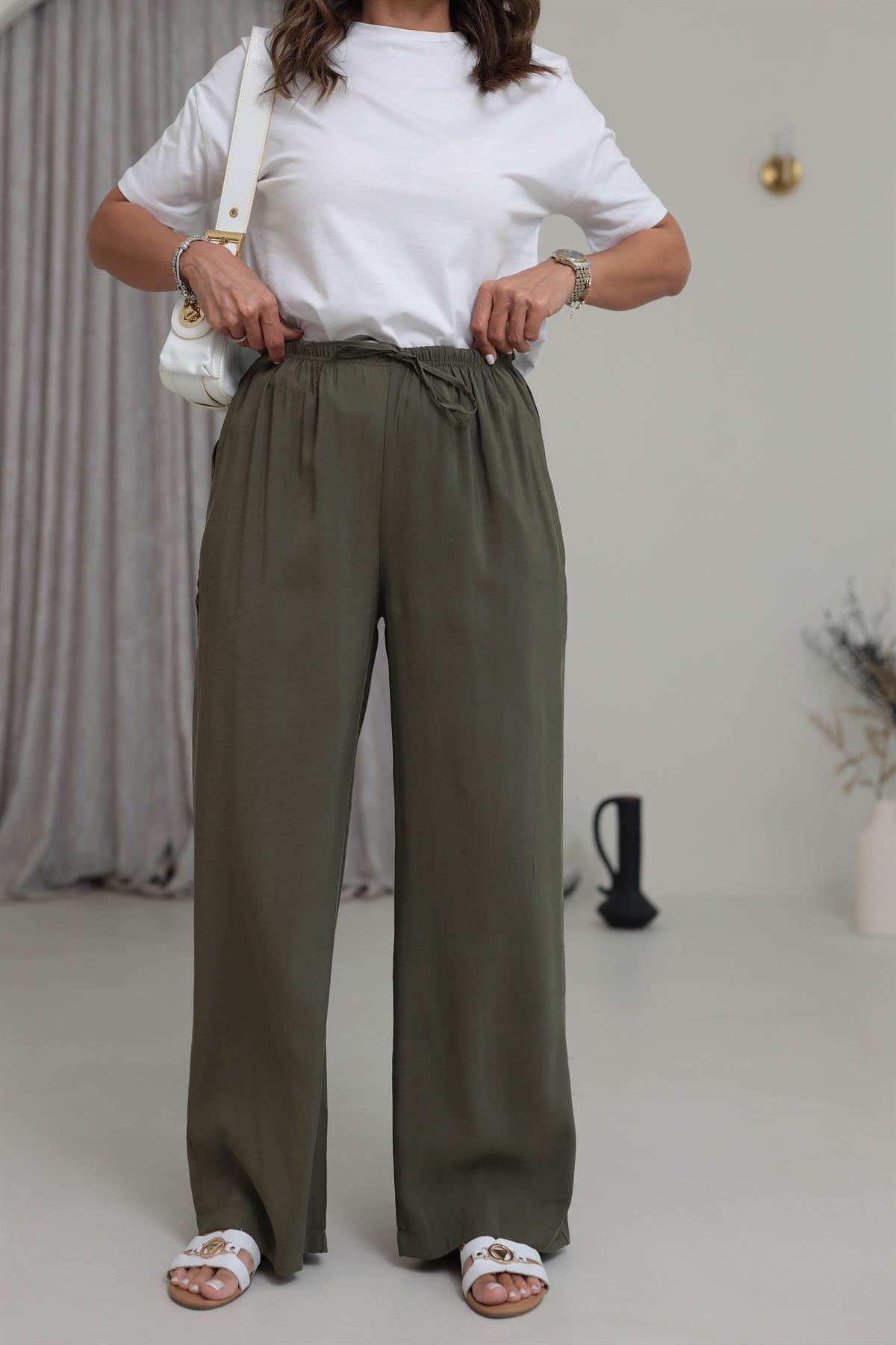 8002 Beli Lastikli Bağcıklı Tencel Pantolon HAKİ YEŞİL