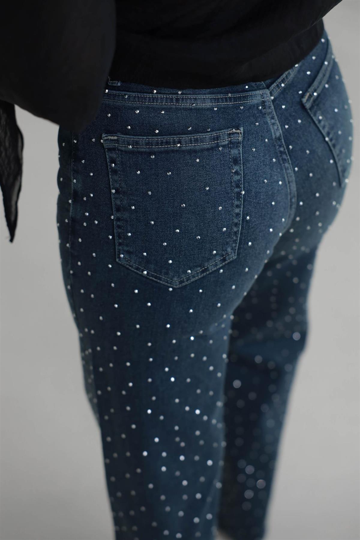 1071T Serpme Taşlı Likralı Palazzo Jean KOYU TİNTLİ