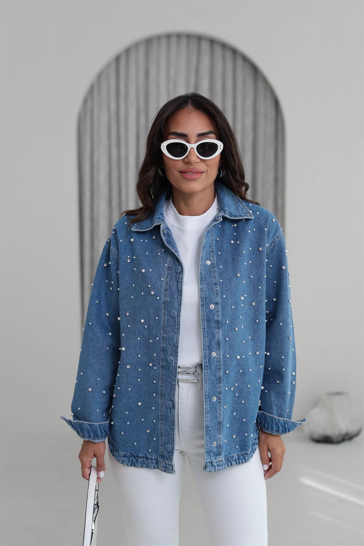 6696 İnci Ve Taş İşlemeli Kot Ceket MAVİ