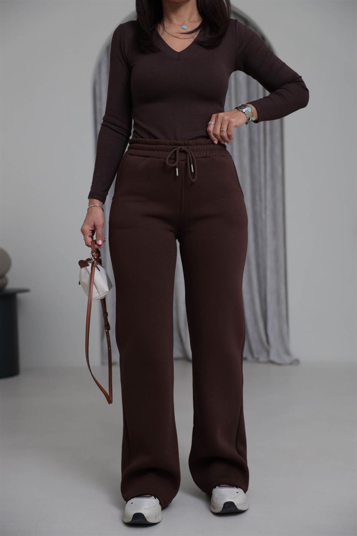 0015 Palazzo 3 İplik Şardonlu Eşofman Altı ACI KAHVE