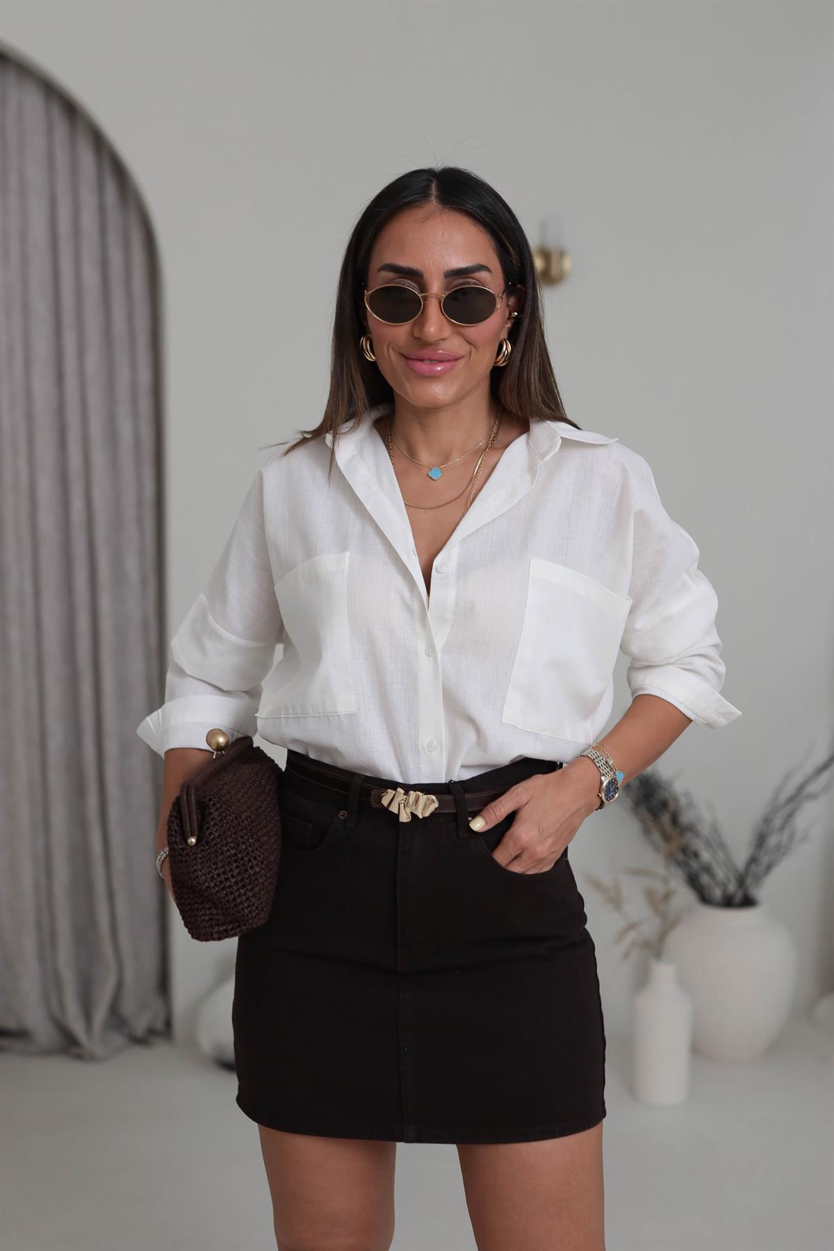 8057 Cep Detaylı Pamuklu Gömlek EKRU