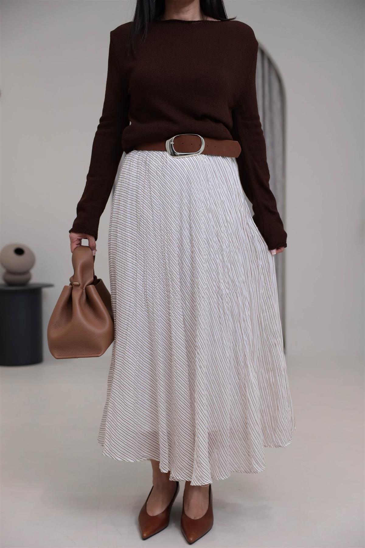 3379 Kemerli Çizgili Kraşlı Etek KREM