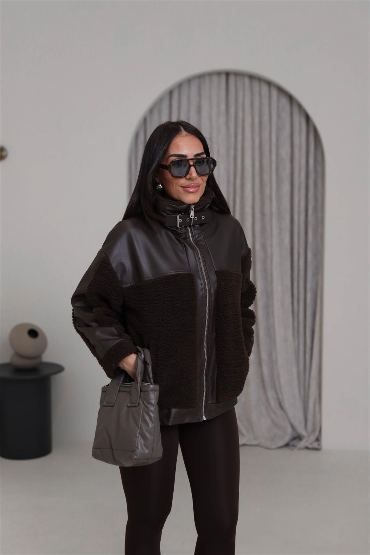 2631 Deri Garnili Kemer Detaylı Teddy Mont ACI KAHVE