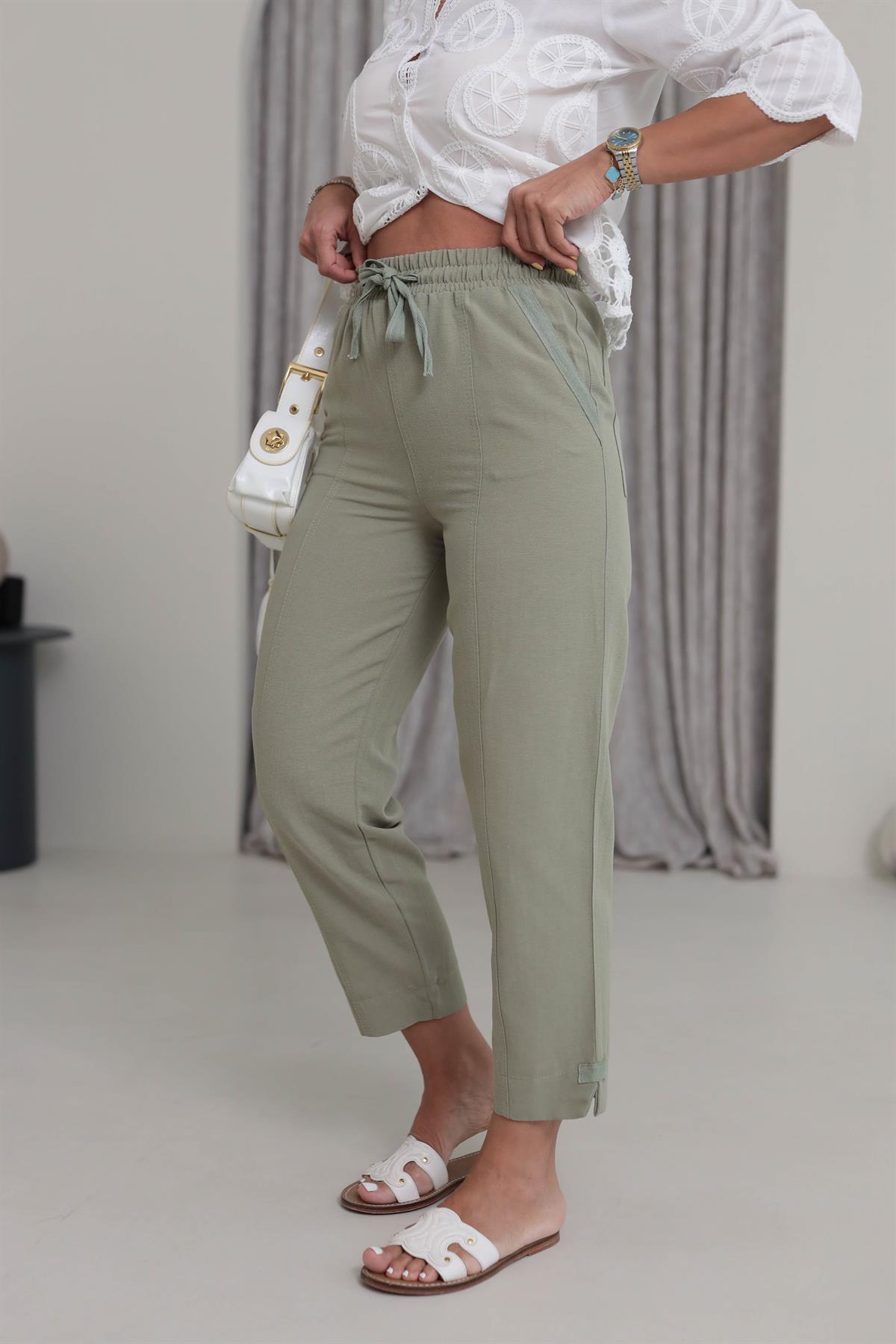 3875Y Balıksırtı Detay Yüksek Bel Pantolon HAKİ YEŞİL